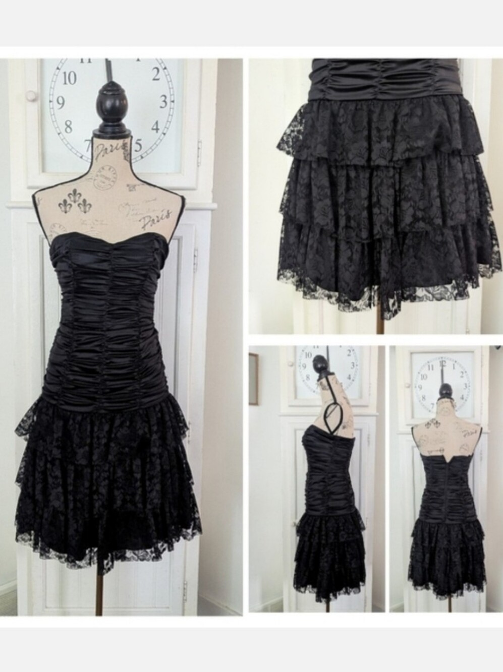 Betsey Johnson Evening Silk Black Strapless Ruched Lace Tier Cocktail Dress